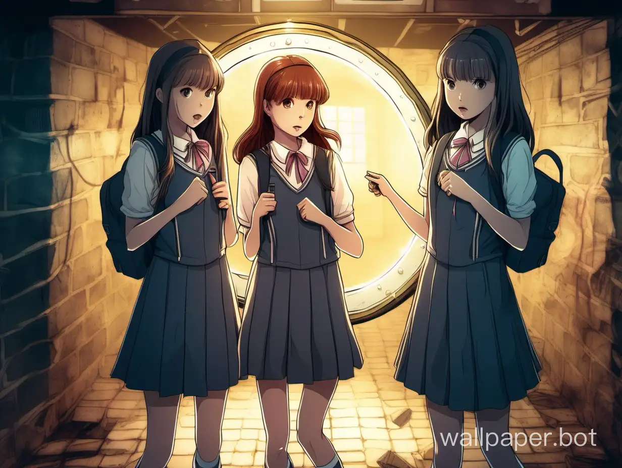 Two schoolgirl friends stand in front of a magical mirror in an old mysterious basement