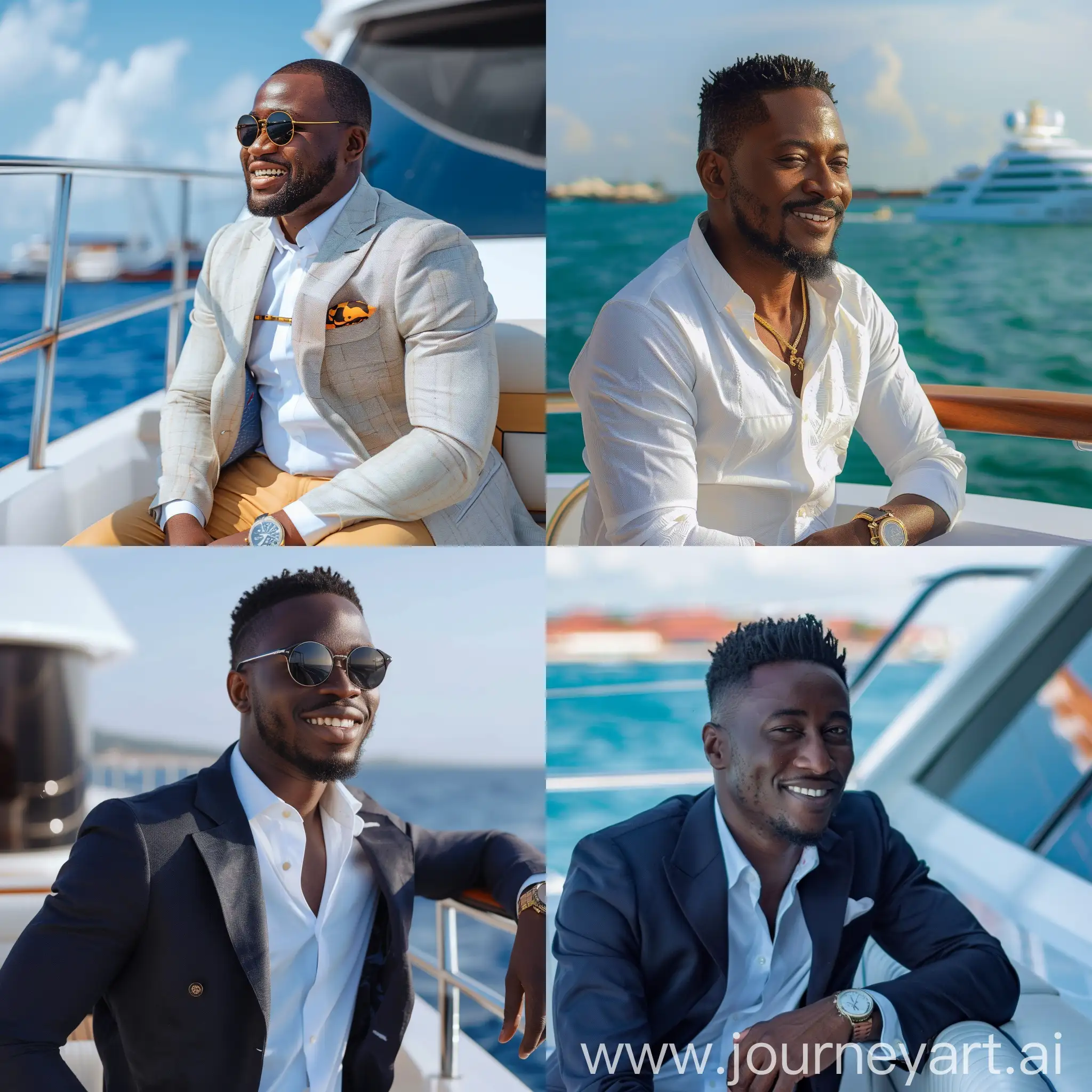 successful looking business man from Nigerian origin, looking happy on a yacht