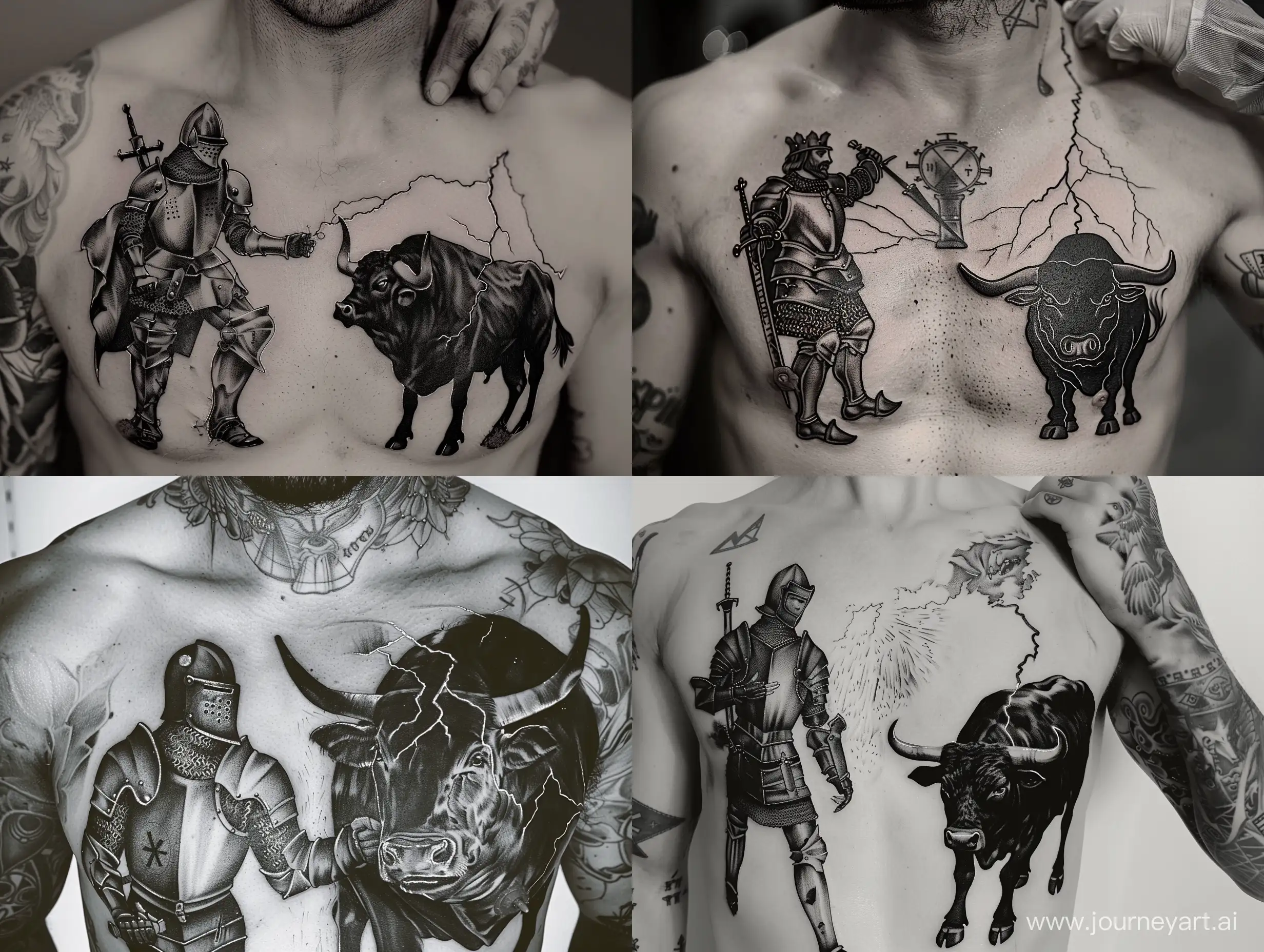 Symmetrical-Engraving-Tattoo-of-Knight-and-Bull-with-Lightning-Strike