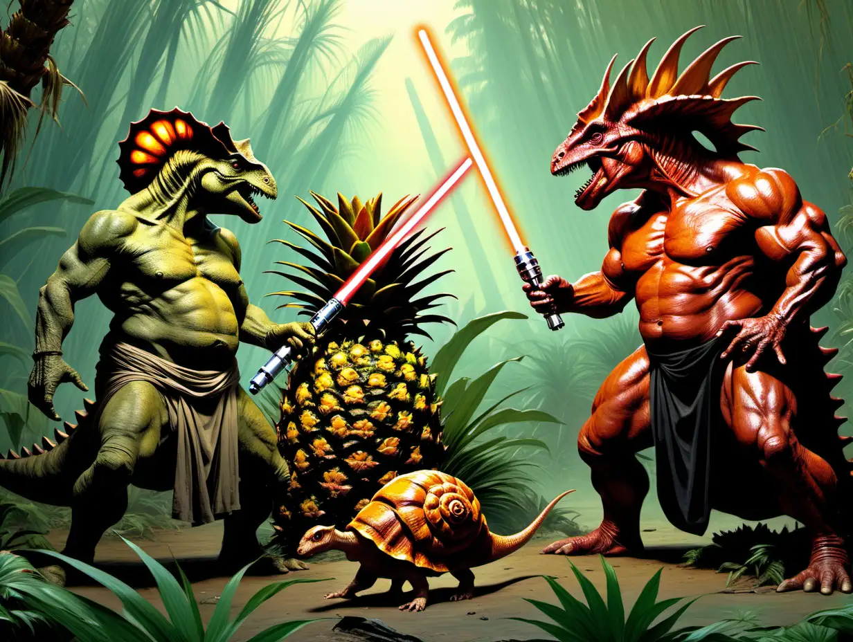 Epic Duel in Prehistoric Pineapple Swamp Buff Himbo Sith Styracosaurus vs Sexy Jedi Snail