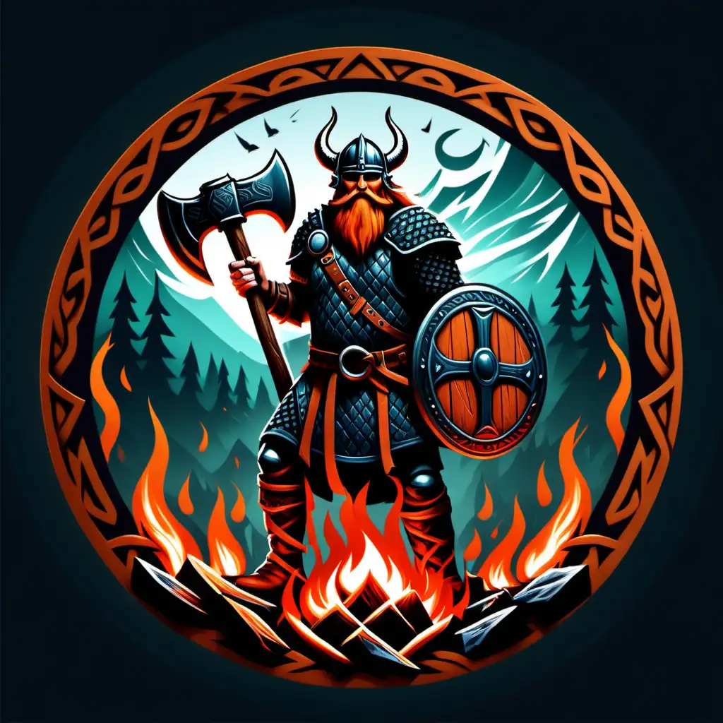 circle shaped decorative border icon valheim viking holding axe and shield in the fire
