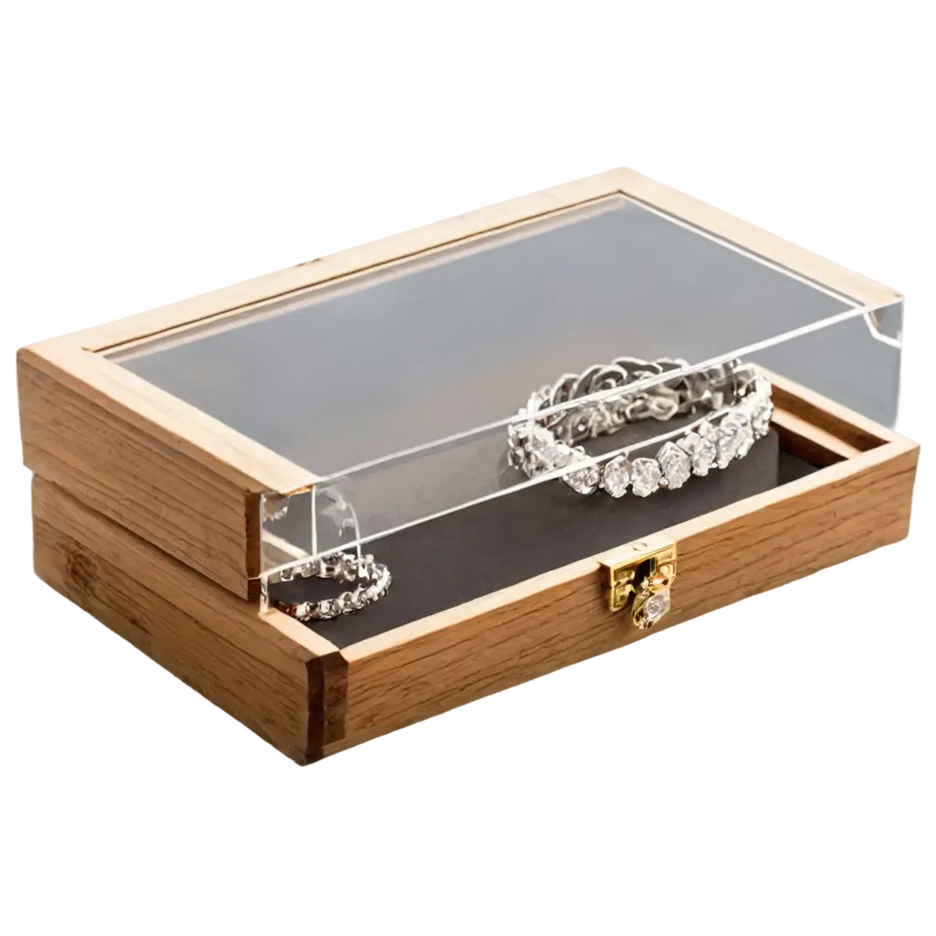 Clear acrylic box with jewellery inside placed on a wooden table