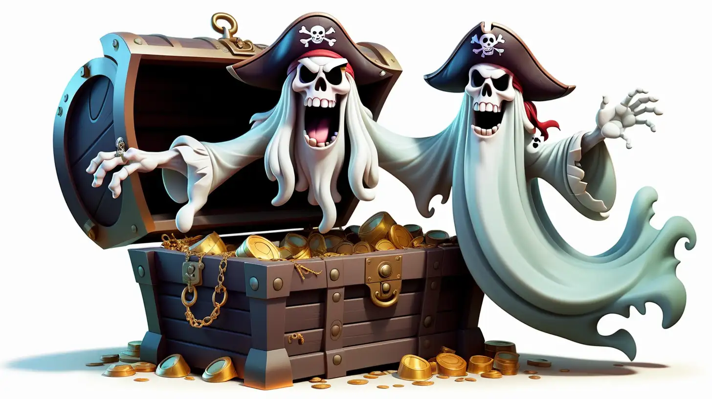 Full body image, A Cartoon Pirate Ghost floating out of an open treasure chest. White background.