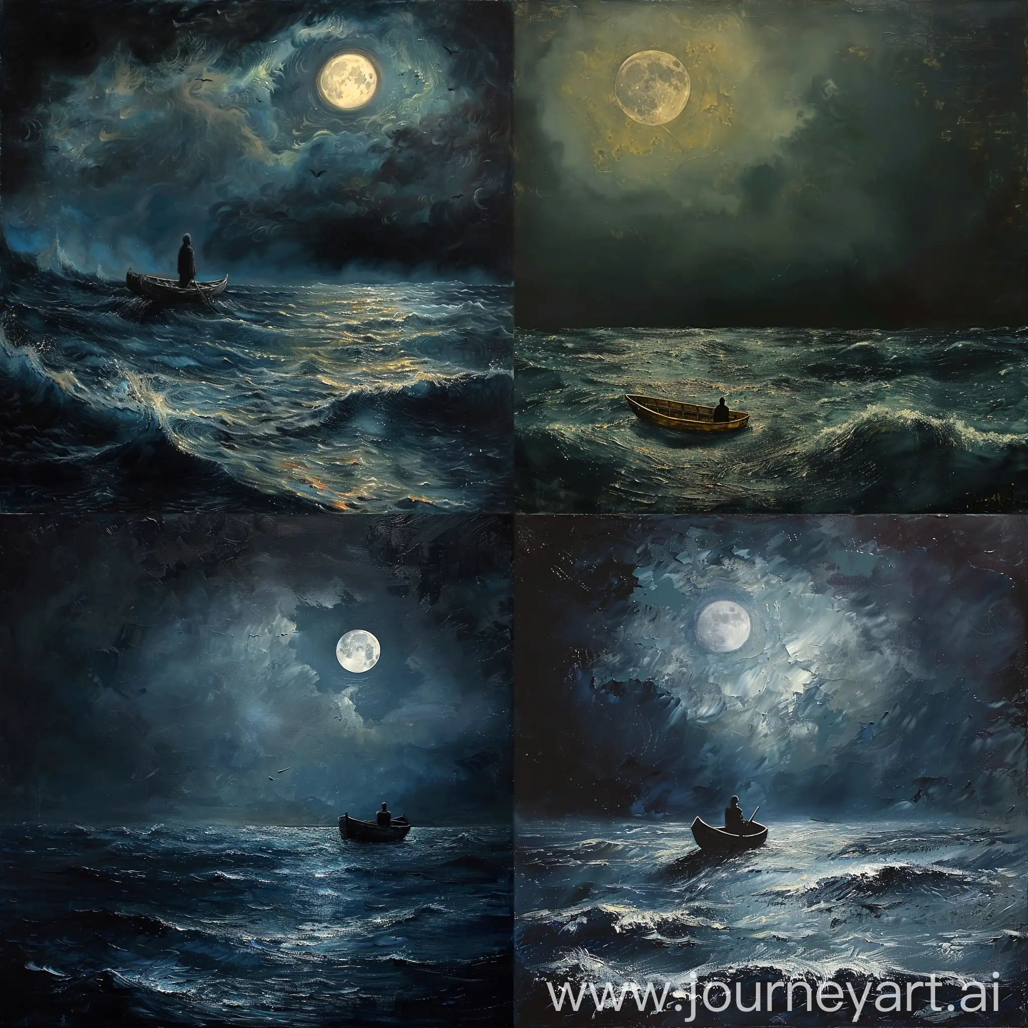 a painting of a man in a boat alone, in the middle of a dark stormy ocean, facing the moon