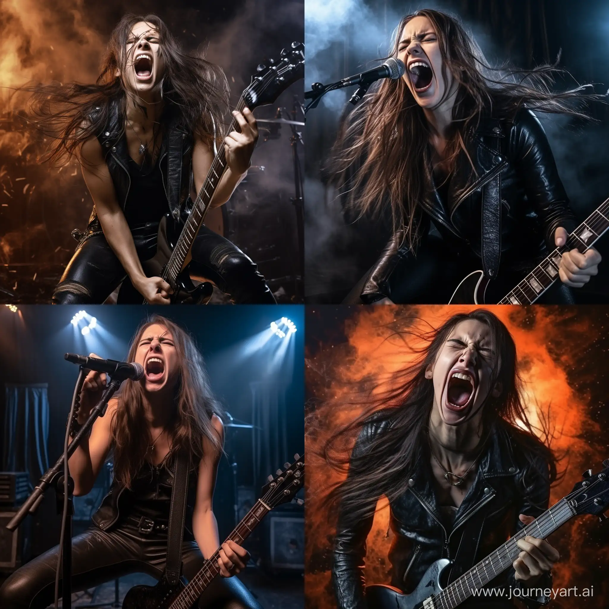Девушка с длинными волосами, одетая в чёрную кожаную одежду,на сцене играет на электрогитаре в метал-рок-группе и кричит в микрофон песню, фотография, гиперреализм, высокое разрешение