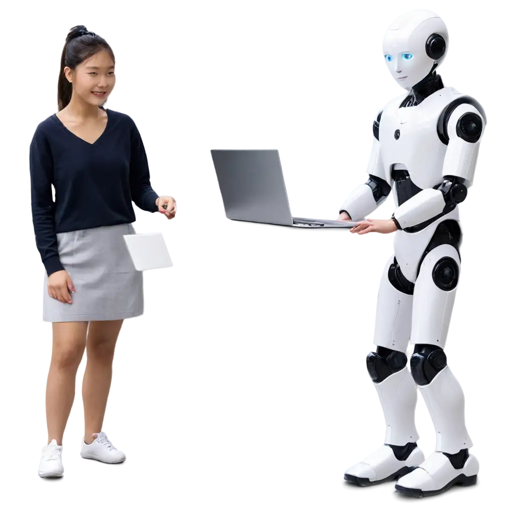 Humanoid robot is teaching a student to use a personal computer at university.