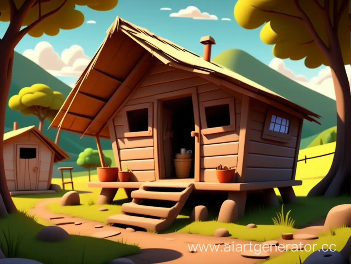 cartoon style, 8k, In a small hut on the outskirts of the village,