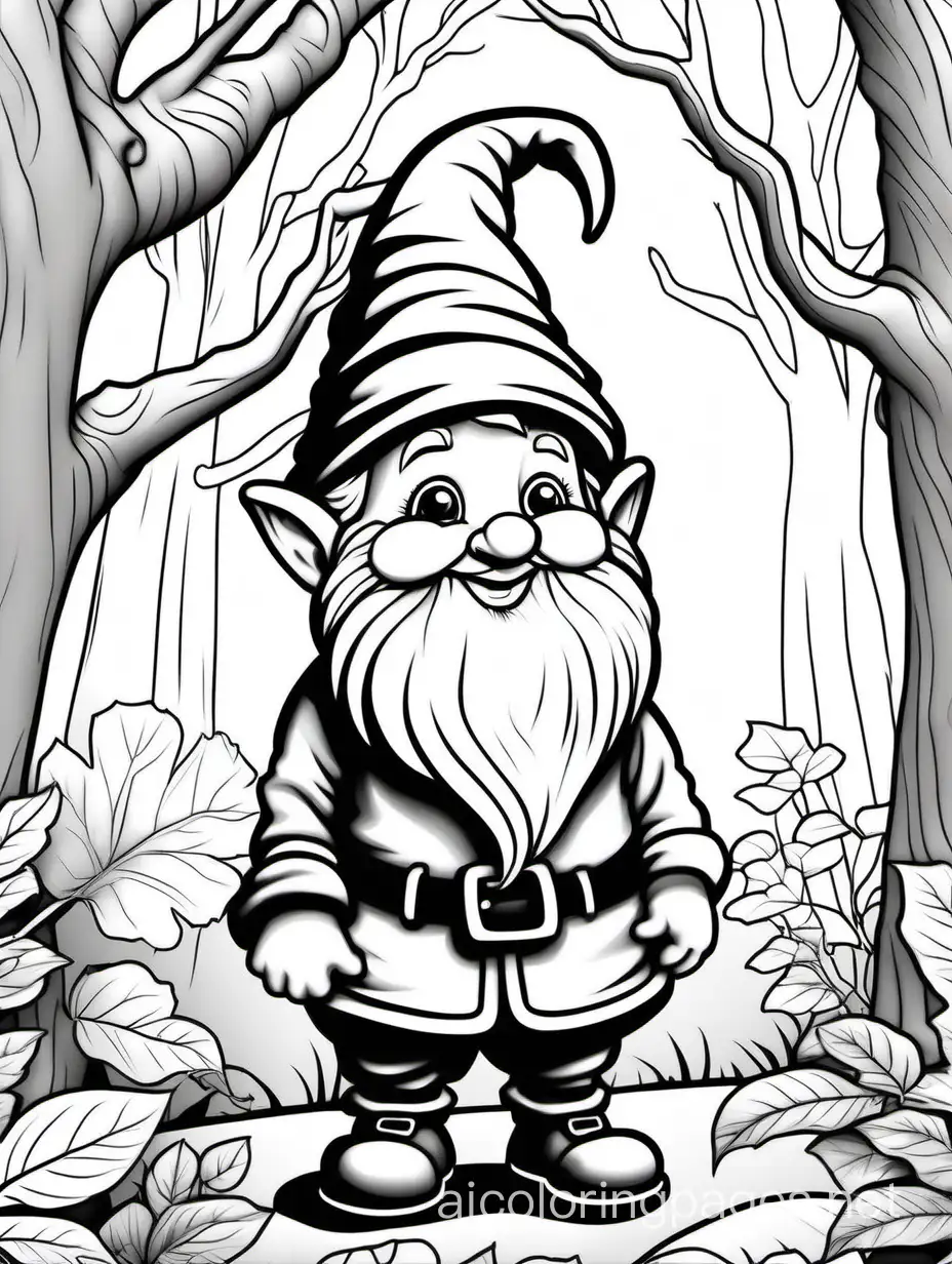 vrolijke grijswaarde  leuke  grapige  kabouter  in  bos , Coloring Page, black and white, line art, white background, Simplicity, Ample White Space. The background of the coloring page is plain white to make it easy for young children to color within the lines. The outlines of all the subjects are easy to distinguish, making it simple for kids to color without too much difficulty
