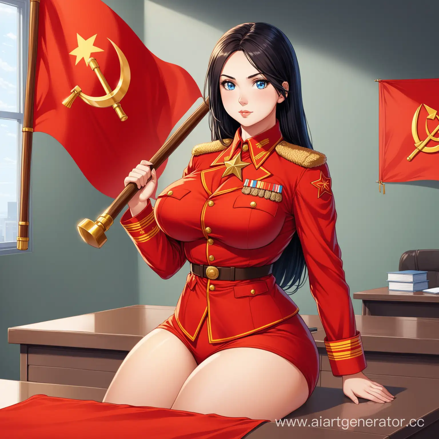 Soviet-Marshal-MILF-Sitting-Alone-in-Office-with-Iconic-Emblem