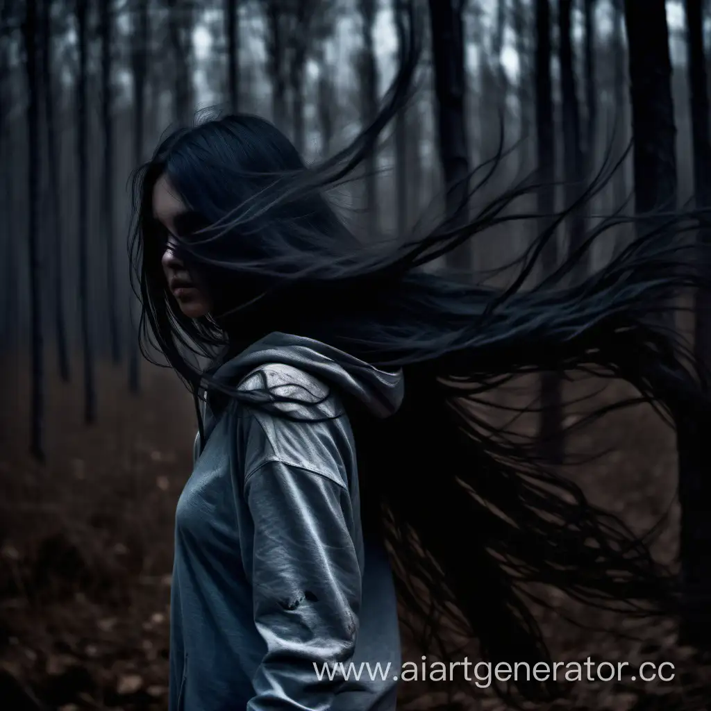 молодая девушка, длинные черные грязные волосы, волосы полностью скрывают лицо, лицо затемнено, голова наклонена на бок, сильный порыв ветра, темный лес, ночь, очень темное фото