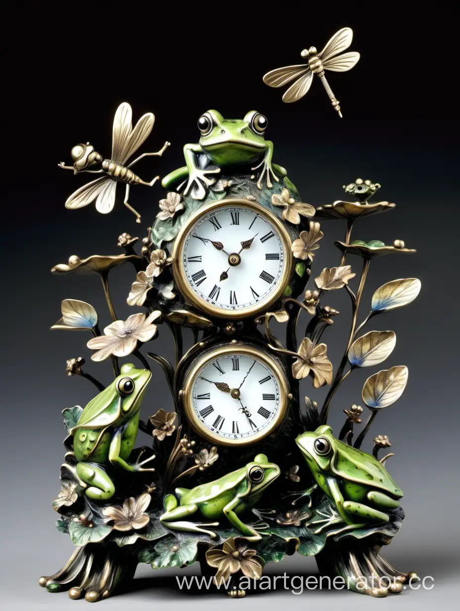 Whimsical-Table-Clock-Featuring-Playful-Frogs-and-a-Delicate-Dragonfly