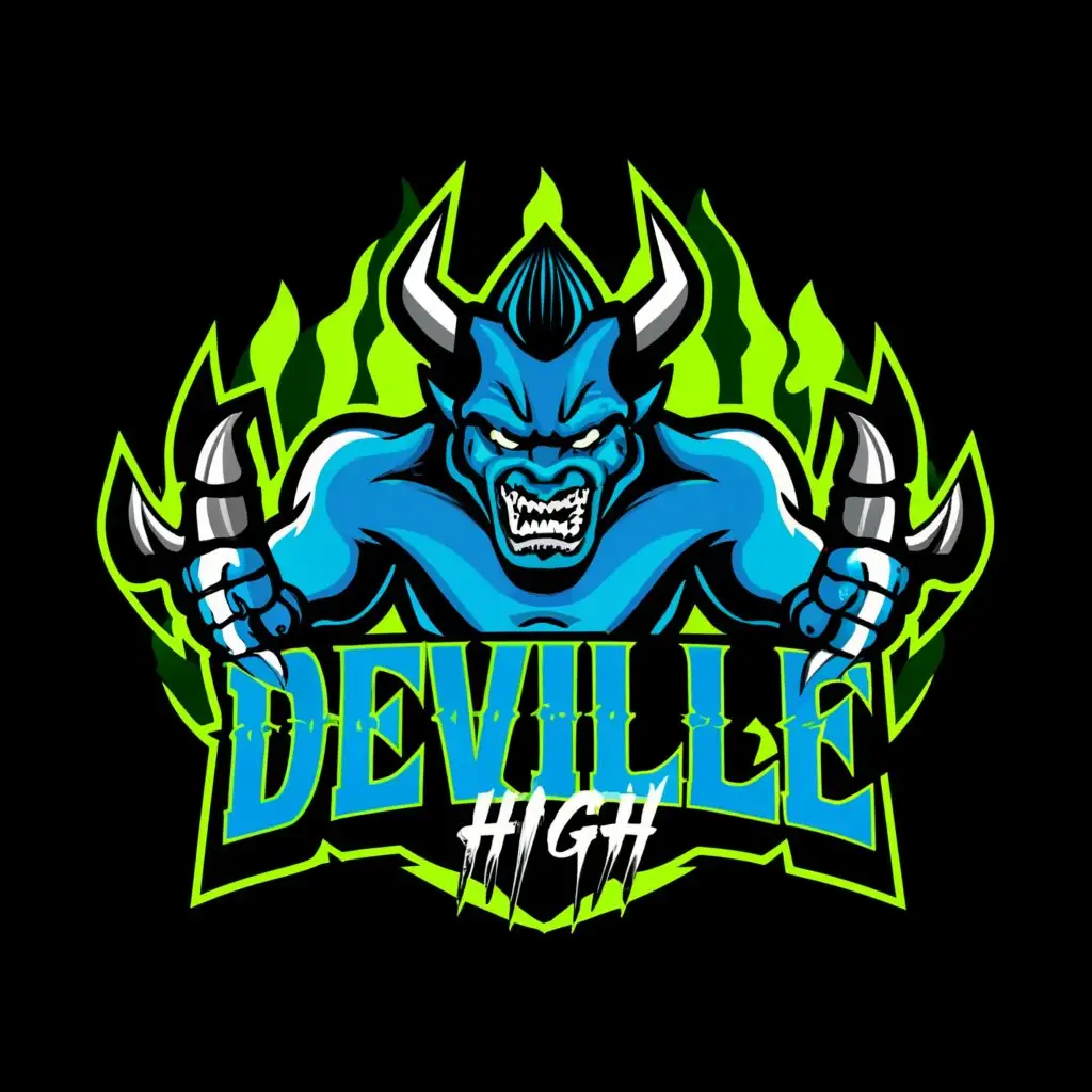 a logo design,with the text "DEVILLE HIGH", main symbol:Angry Devil holding a basketball and a chain around his neck make it with colors blue lime green and black,complex,be used in Sports Fitness industry,clear background
