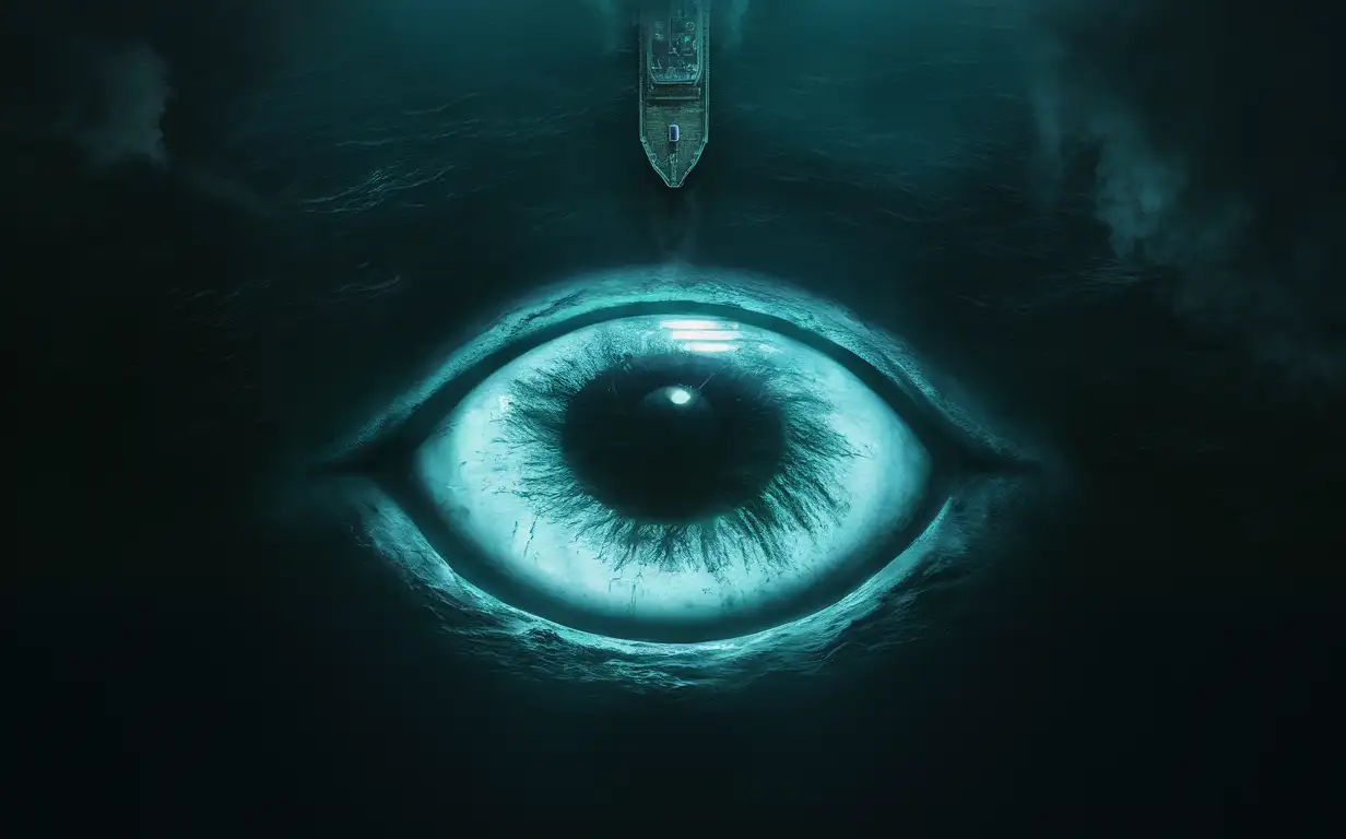 a giant glowing evil eye looking at the ship from underwater as it swims above it, dark, horror, no light, deep, top-down
