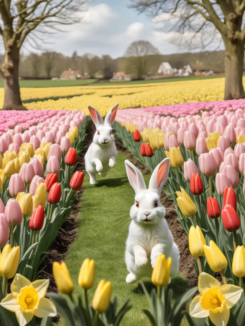 Rabbits hopping around a field filled with daffodils and tulips