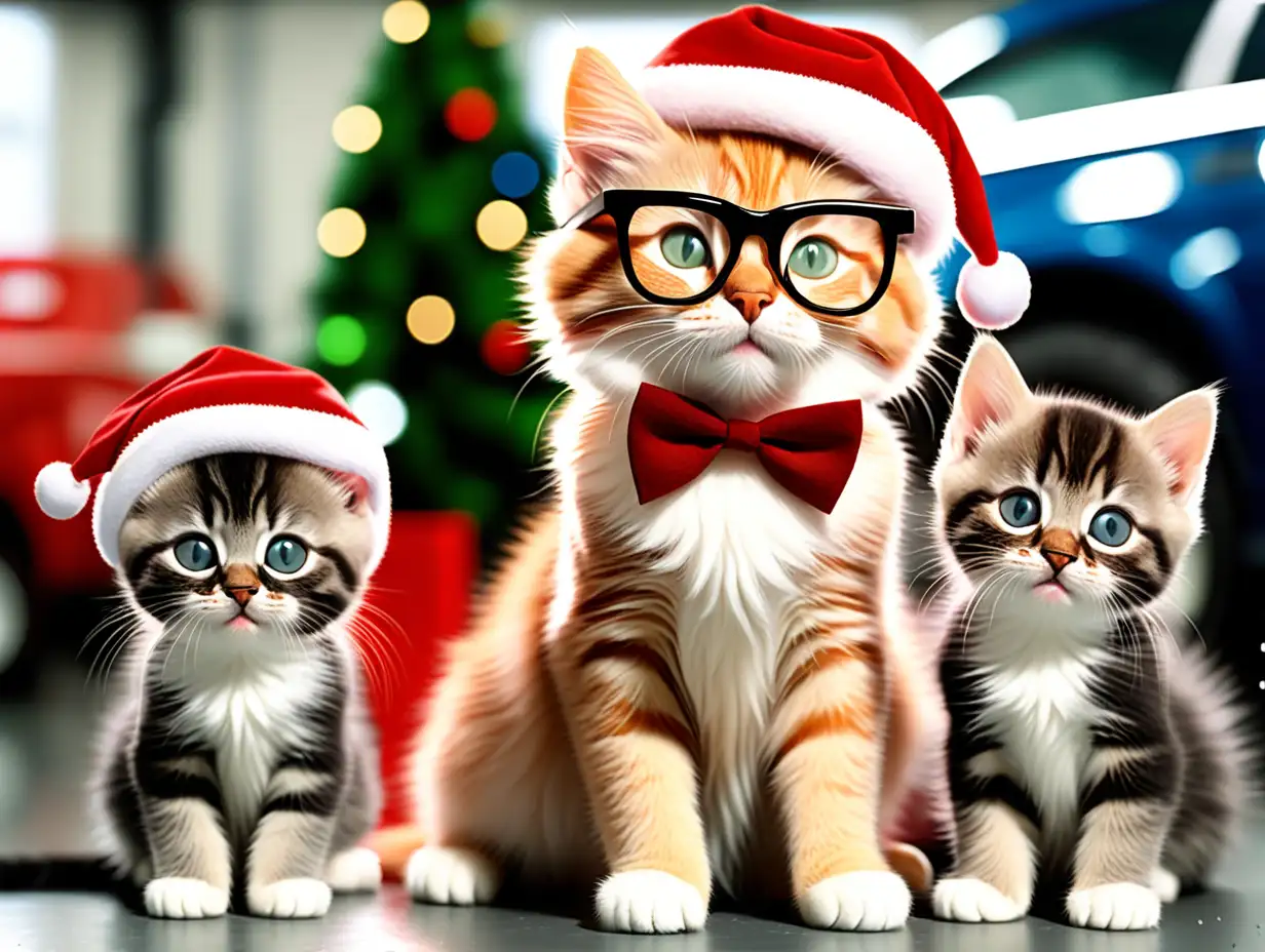 Kalėdinė eglutė viena katė su akiniais ir du kačiukai be akinių prabiangiame autoservise

