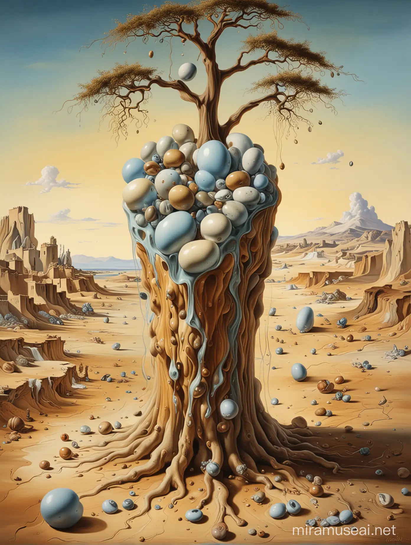 Highly detailed painting based on ((('Soft Construction with Boiled Beans' by Salvador Dali, 1936))), a fantastical creature balances on a tree trunk in a desert, use muted pastel colors only, high quality