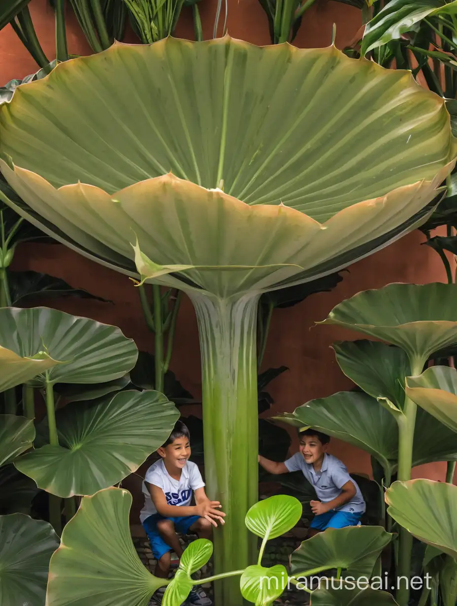 Boys playing inside of the plant