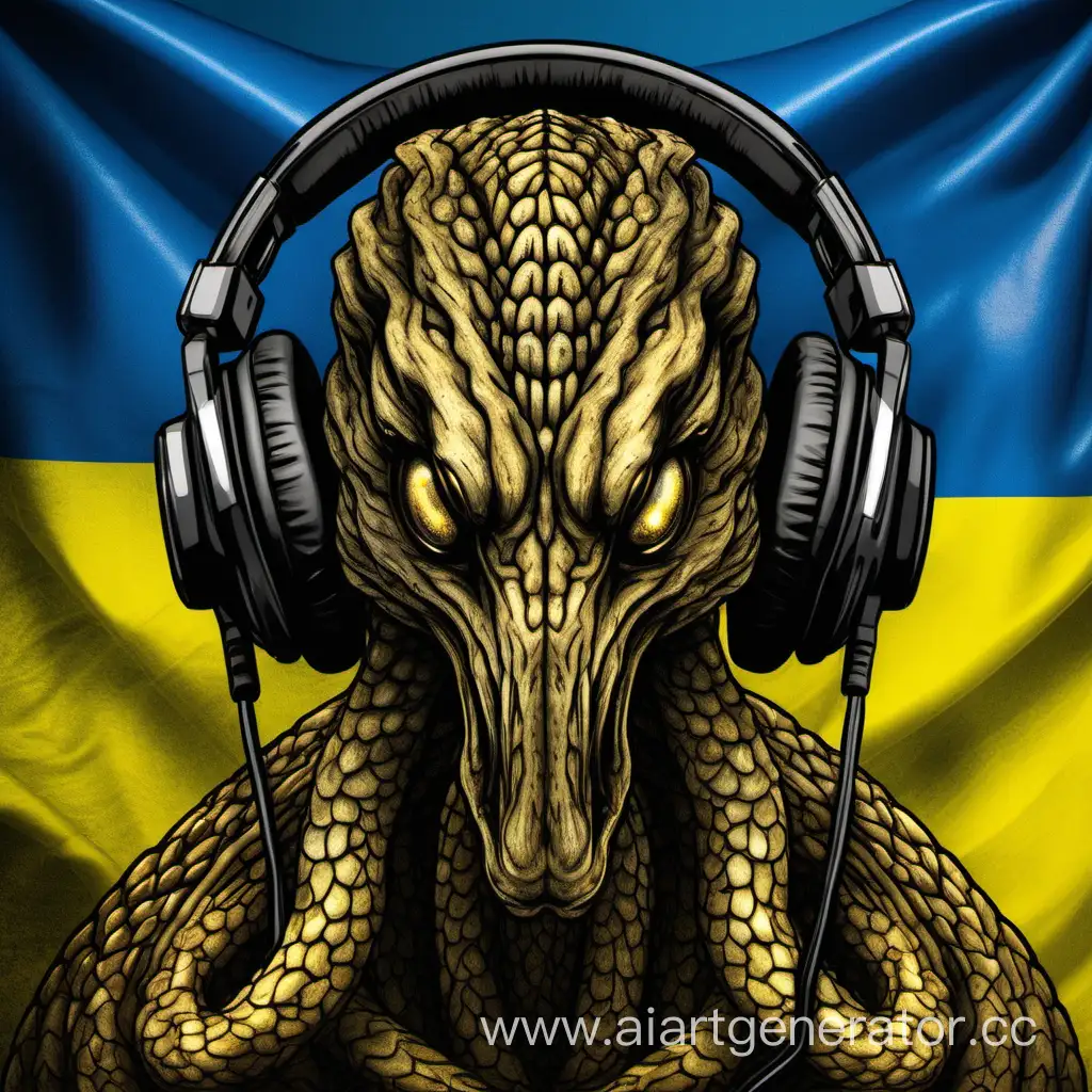 the three-headed Lernaean hydra, headphones on all heads, it proves something strongly, Against the background of the flag of Ukraine