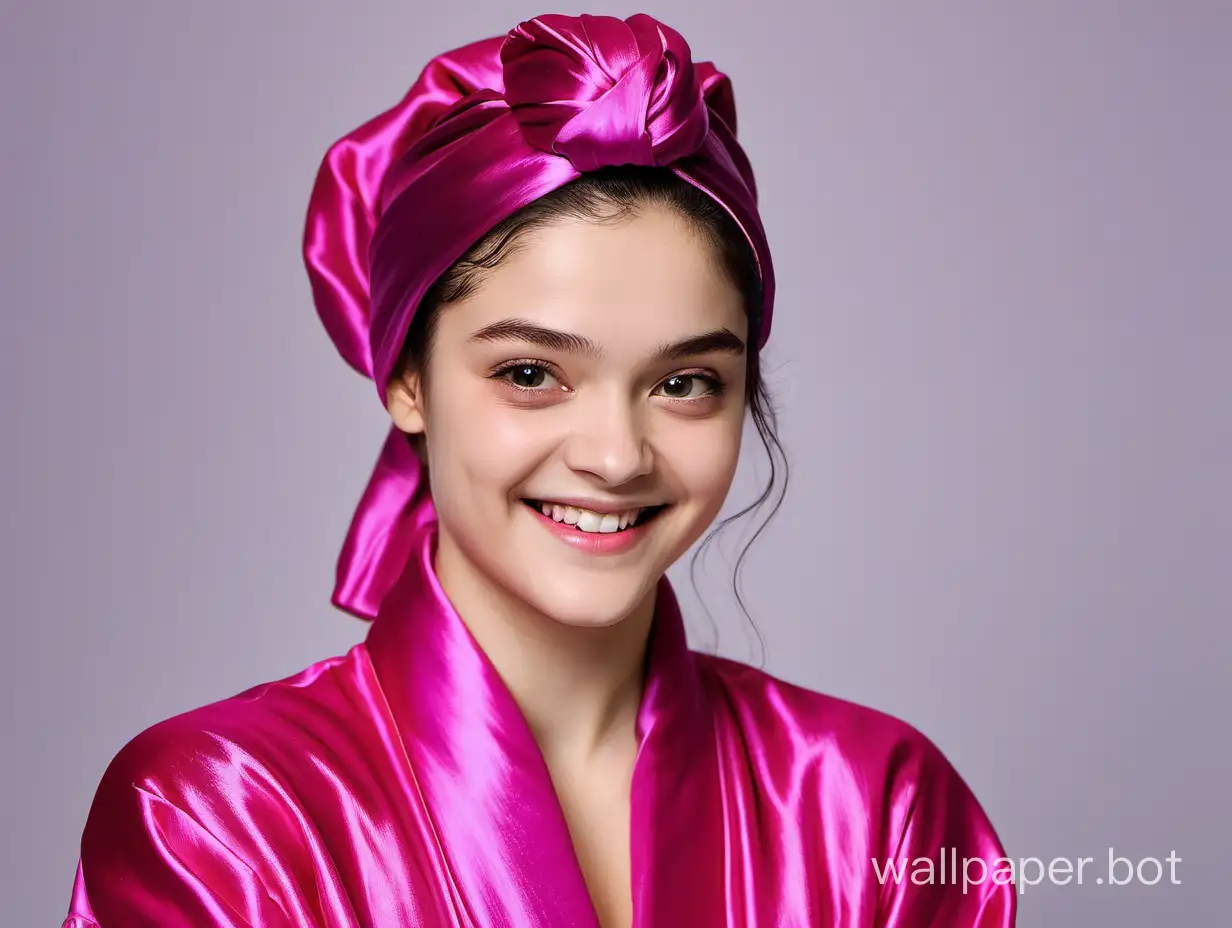 Yevgenia Medvedeva smiles beautifully with long hair in a silk fuchsia robe with a pink silk towel turban on her head