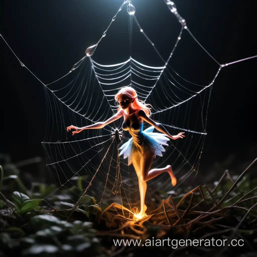 беспомощная фея, попавшая в ловушку паука, которую спасает  персонаж-огонек сжигая паутину