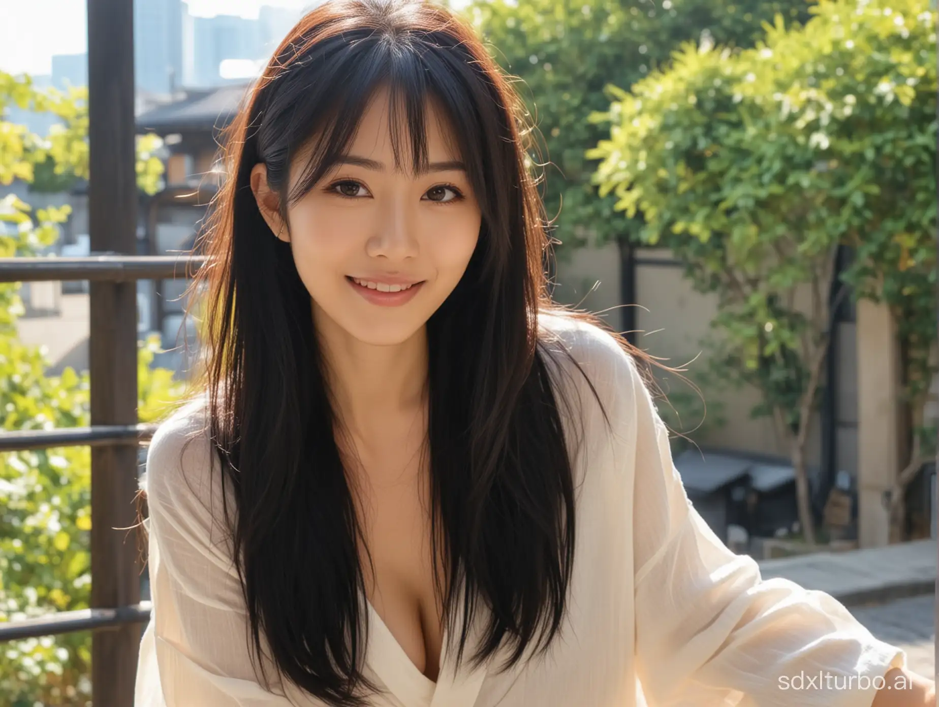 beautiful intellectual sexy typical Japanese 33-year-old girl under sunshine smile to viewer, Instagram model, long black hair, warm, black eyes, height 6.5 feets, female, masterpiece, 4k