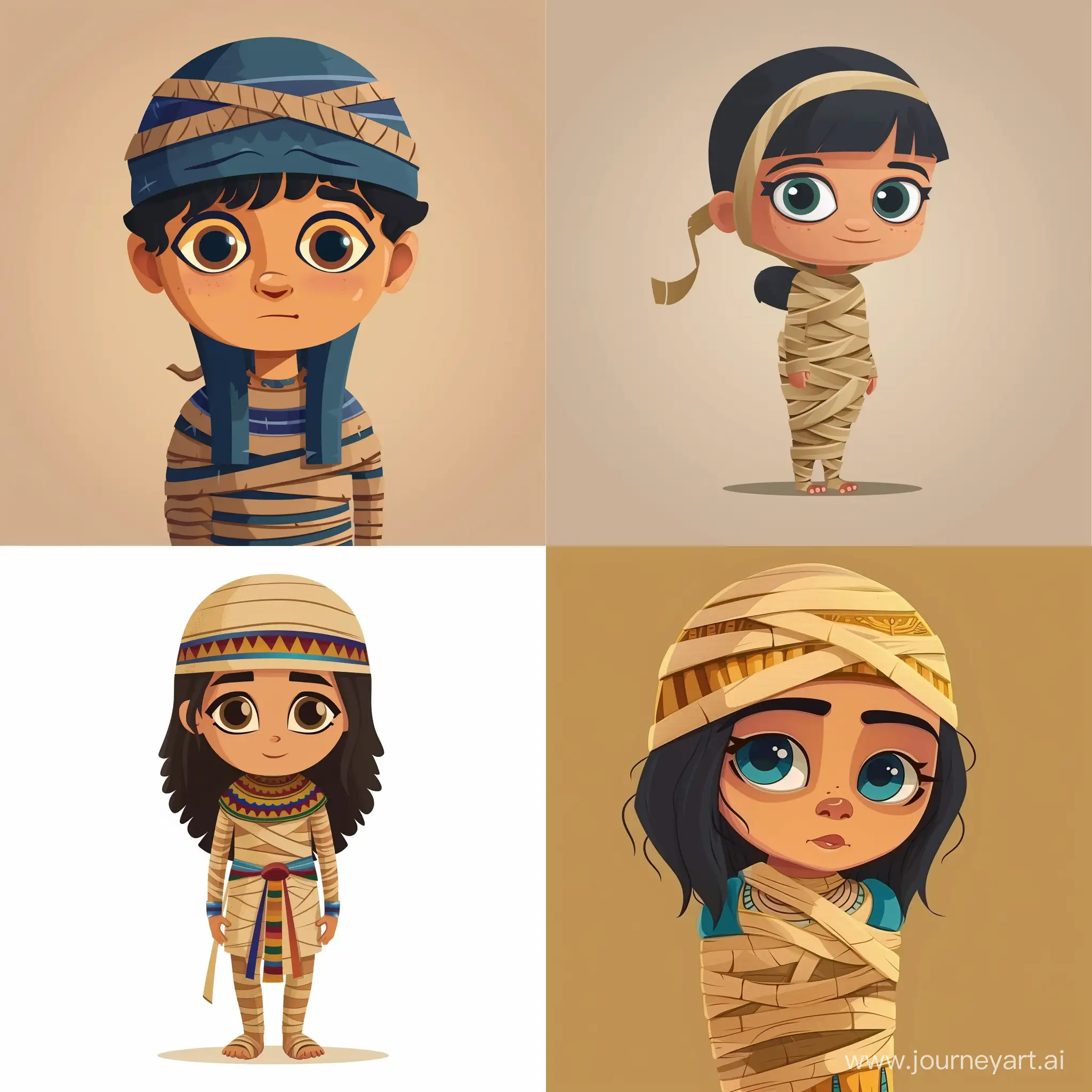 cute and funny child of an Egyptian mummy, in cartoon flat style