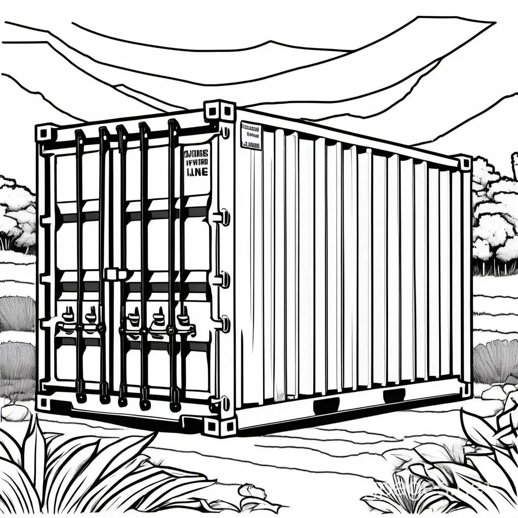 a big container in a nature area, Coloring Page, black and white, line art, white background, Simplicity, Ample White Space. The background of the coloring page is plain white to make it easy for young children to color within the lines. The outlines of all the subjects are easy to distinguish, making it simple for kids to color without too much difficulty