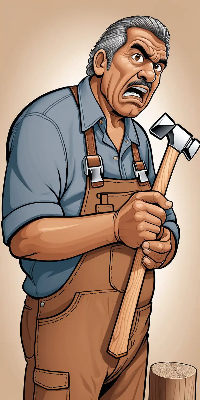 Illustration of 55 year old Hispanic father and woodworker holding a hammer. Maybe he’s looking at it angrily or he’s coughing