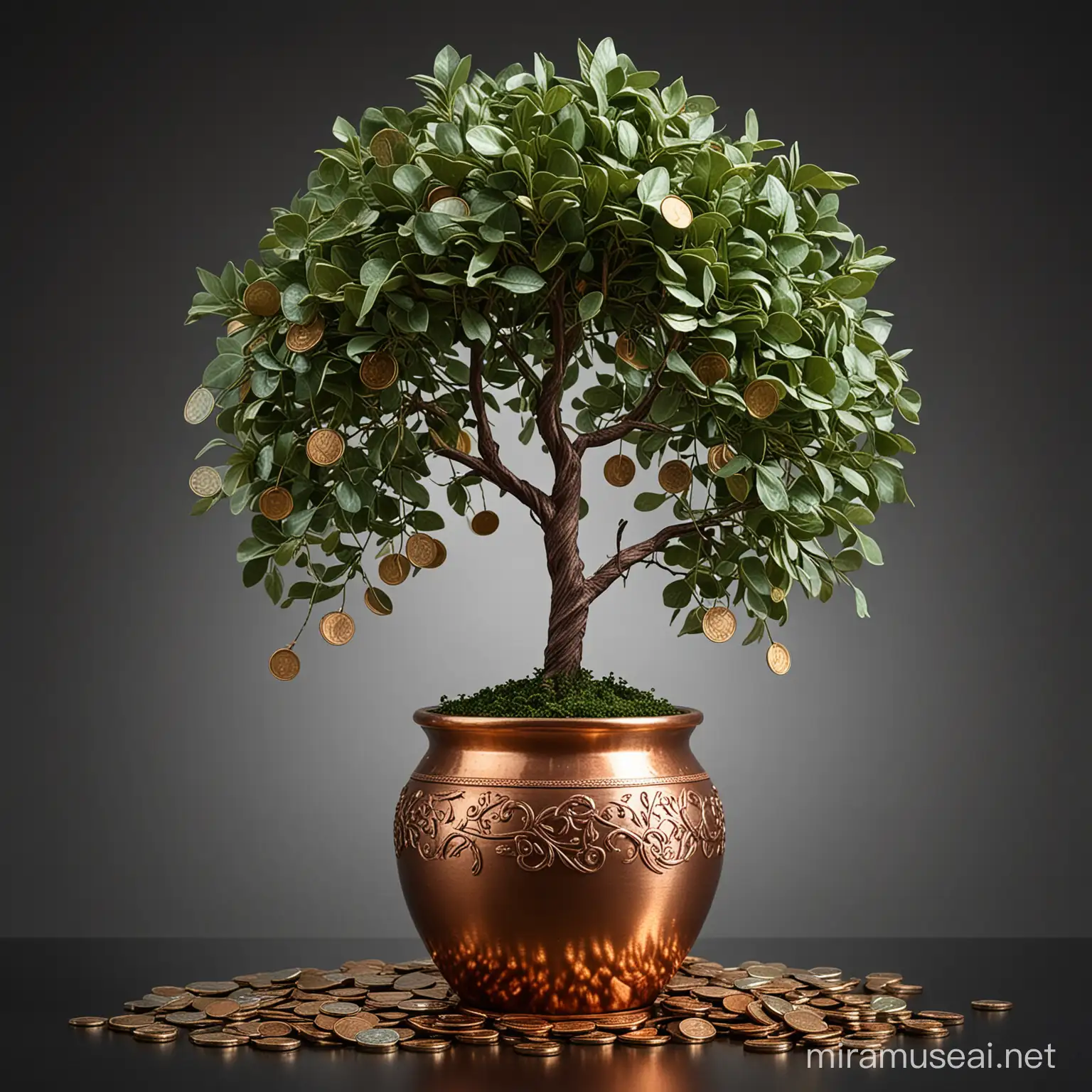 The vivid imagery you've described paints a picture of abundance and prosperity in a visually striking manner. The composition of a small copper pot overflowing with gold coins, set on a reflective surface, immediately captures the essence of wealth and opulence. The reflective surface adds a touch of elegance, enhancing the gleam and richness of the coins. Emerging from the copper pot is a sapling with a trunk crafted from twisting copper wire, symbolizing growth and transformation. The branches of the tree are laden with green dollar bills instead of traditional leaves, each bill detailed and arranged to resemble lush foliage. The varying denominations of the dollar bills add depth and complexity to the composition, emphasizing the idea of financial abundance and prosperity. Coins spilled onto the surface around the pot further emphasize the theme of abundance, reflecting the overflow of wealth from the central focal point of the money tree. The dark background serves to highlight the vibrant colors of the tree, pot, and currency, creating a strong contrast that draws the viewer's attention to the concept of financial growth and prosperity at the heart of the image. Rendering this scene in high resolution allows for the intricate details of the gleaming coins, the intricate patterns on the dollar bills, and the texture of the copper pot to be captured with hyperrealistic precision. The focus on realism and attention to detail enhances the visual impact of the composition, bringing to life a captivating portrayal of wealth, growth, and prosperity in a visually compelling and conceptually rich image, 32k render, hyperrealistic, detailed.