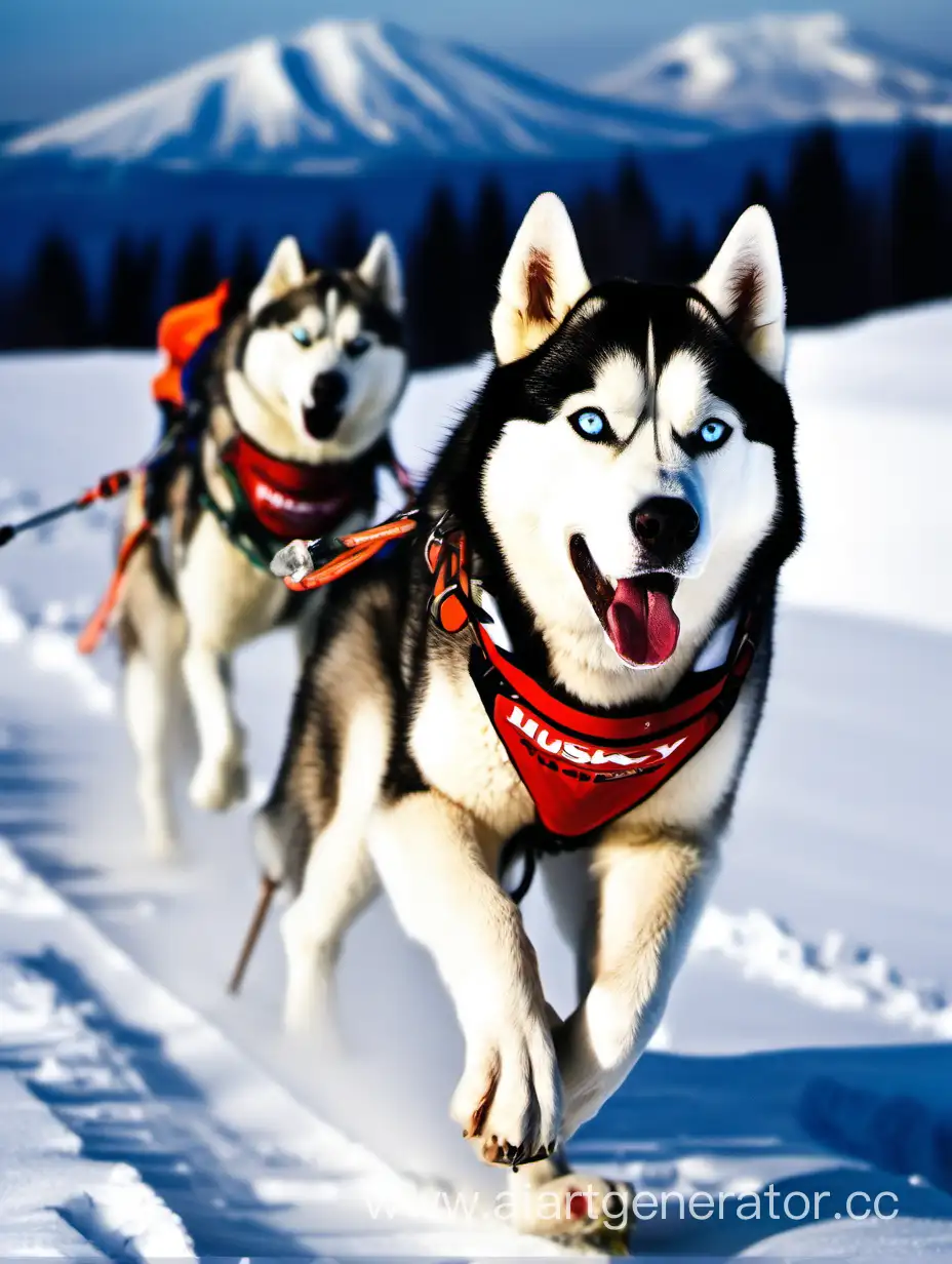 собака хаски, зима, вулканы, соревнования на собачьих упряжках