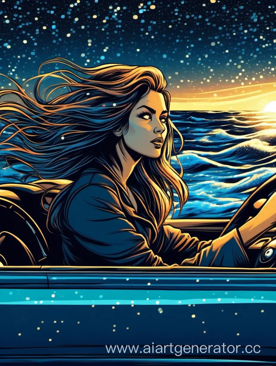 Woman drives a car, her hair is blowing in the wind, there is a blue and sparkling sea in the background, it is night, she looks at us