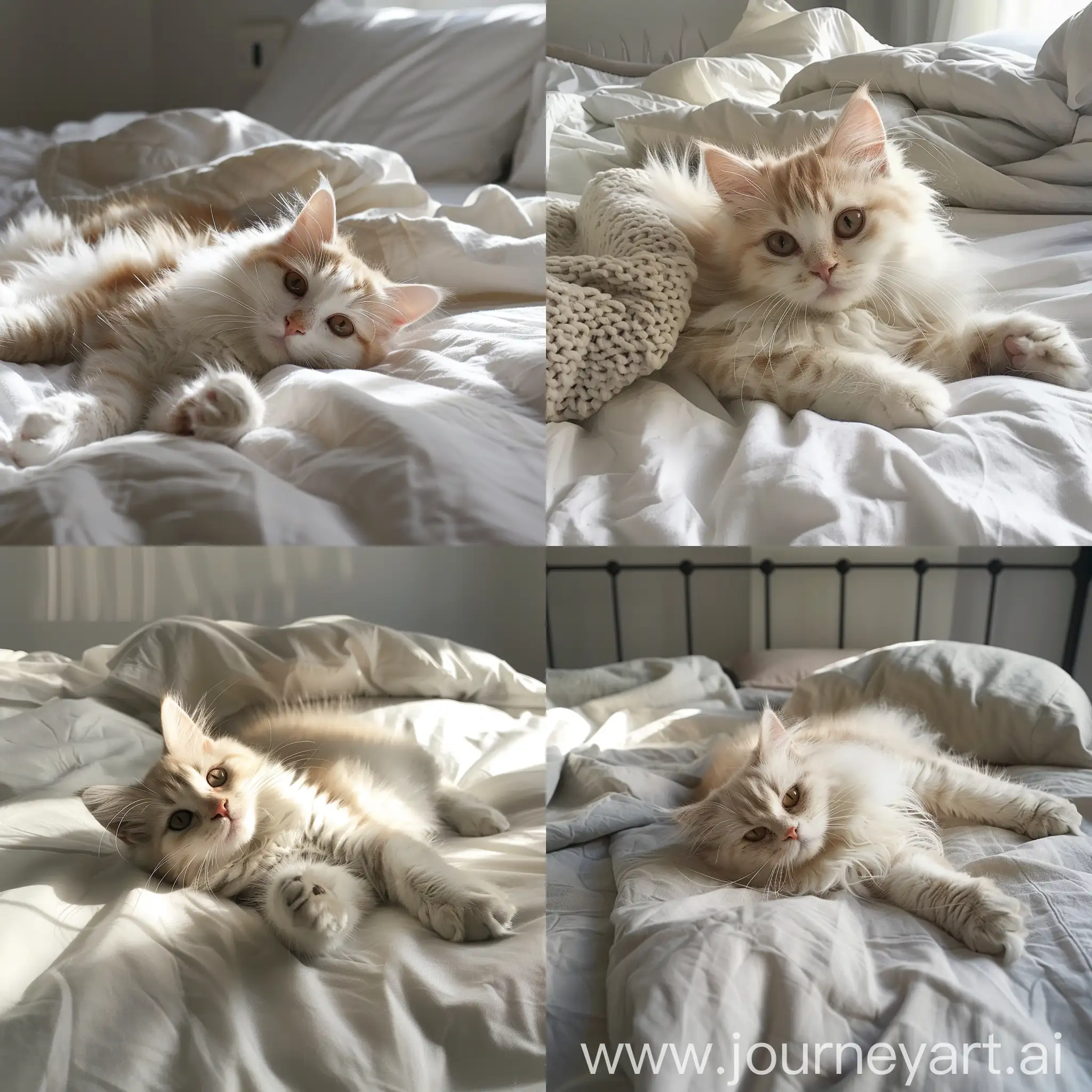 Милый белый пушистый кот лежит на кровати