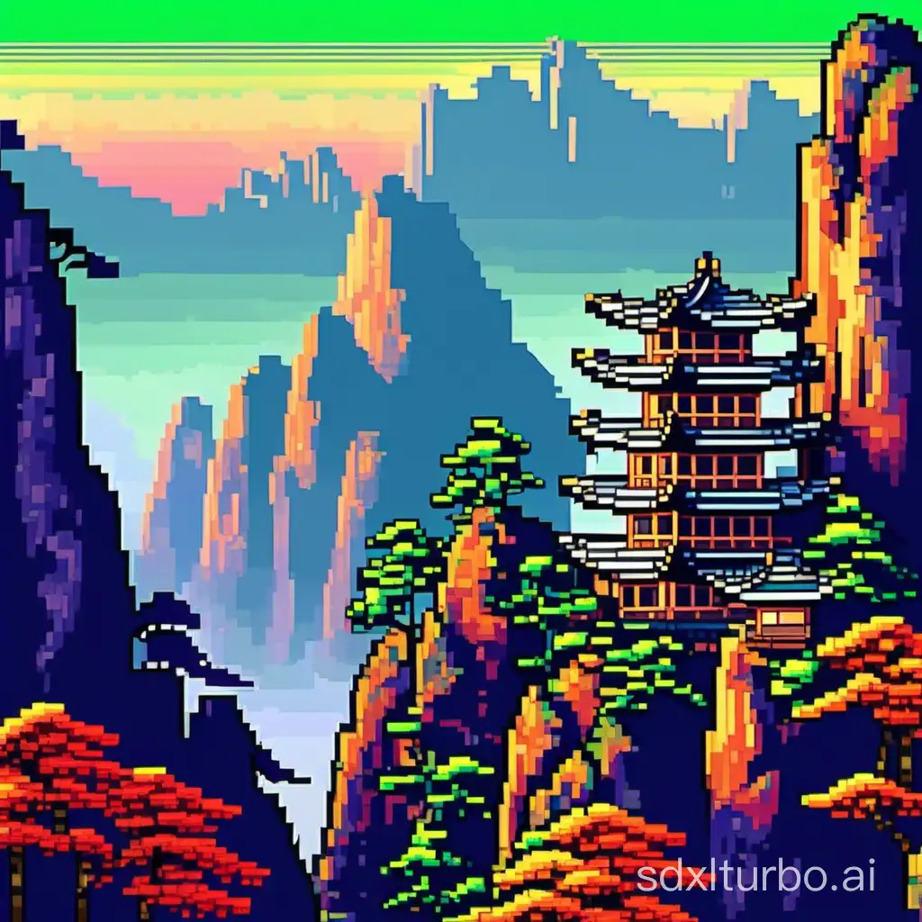 The pixel style Mount Huangshan scenery, marked by complex details and vivid colors, reflects the looming grandeur of the real mountains. There stands the Greeting Pine among the mountains, and the light gently projects the atmospheric tones. The pixel art uses 160 different color palettes and 8000 unique pixel levels.