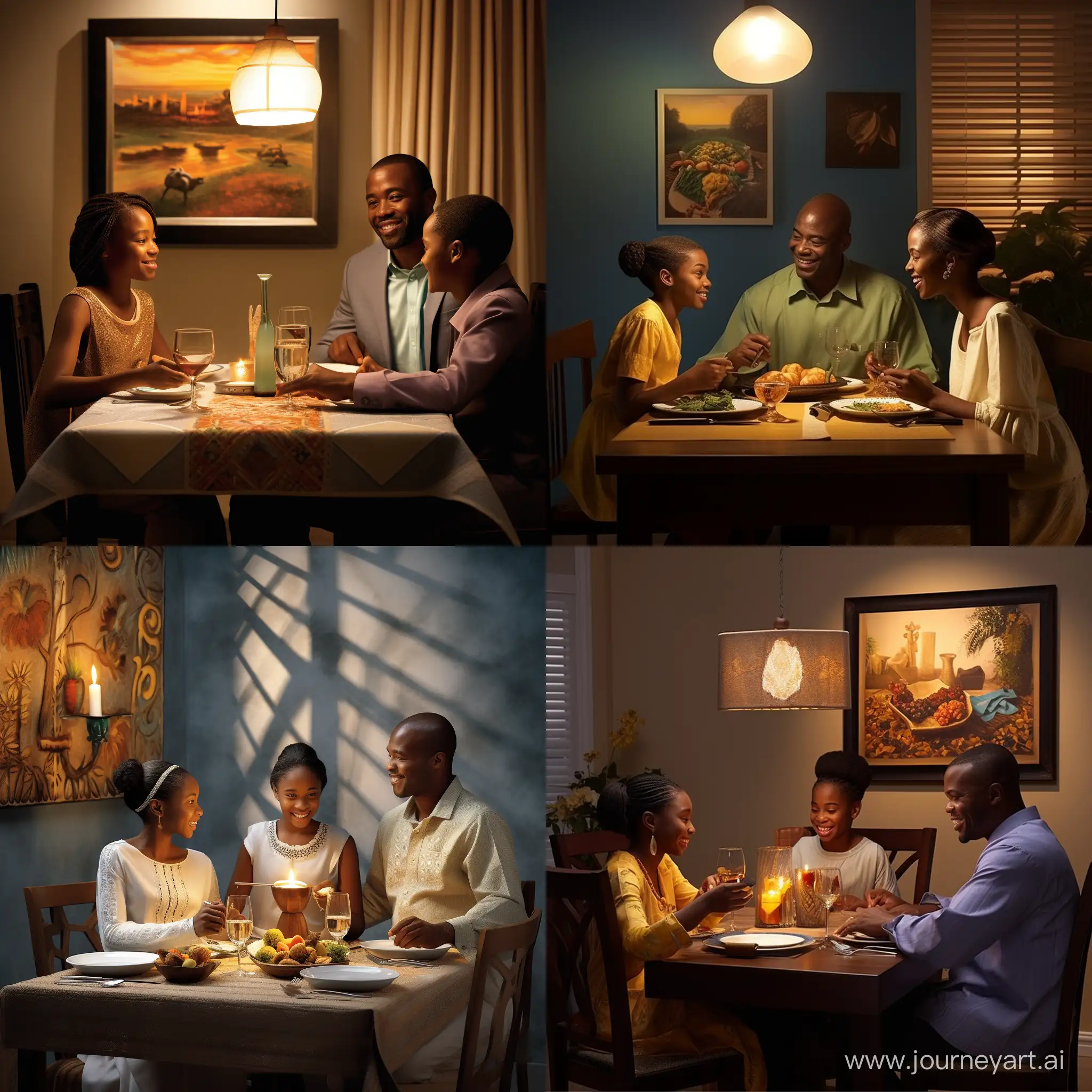 Create a professional and heartwarming photograph showcasing an African family's dining experience. The father, with a handsome and dignified presence, shares a delightful meal with his lovely wife and daughter in a dining room painted in serene ice blue. Warm, soft lighting from above bathes the scene in a cozy ambiance, casting a natural glow on their real human skin textures. The dining table adorned with fresh fruits adds a touch of vibrancy to the familial connection captured in this hyper-realistic image