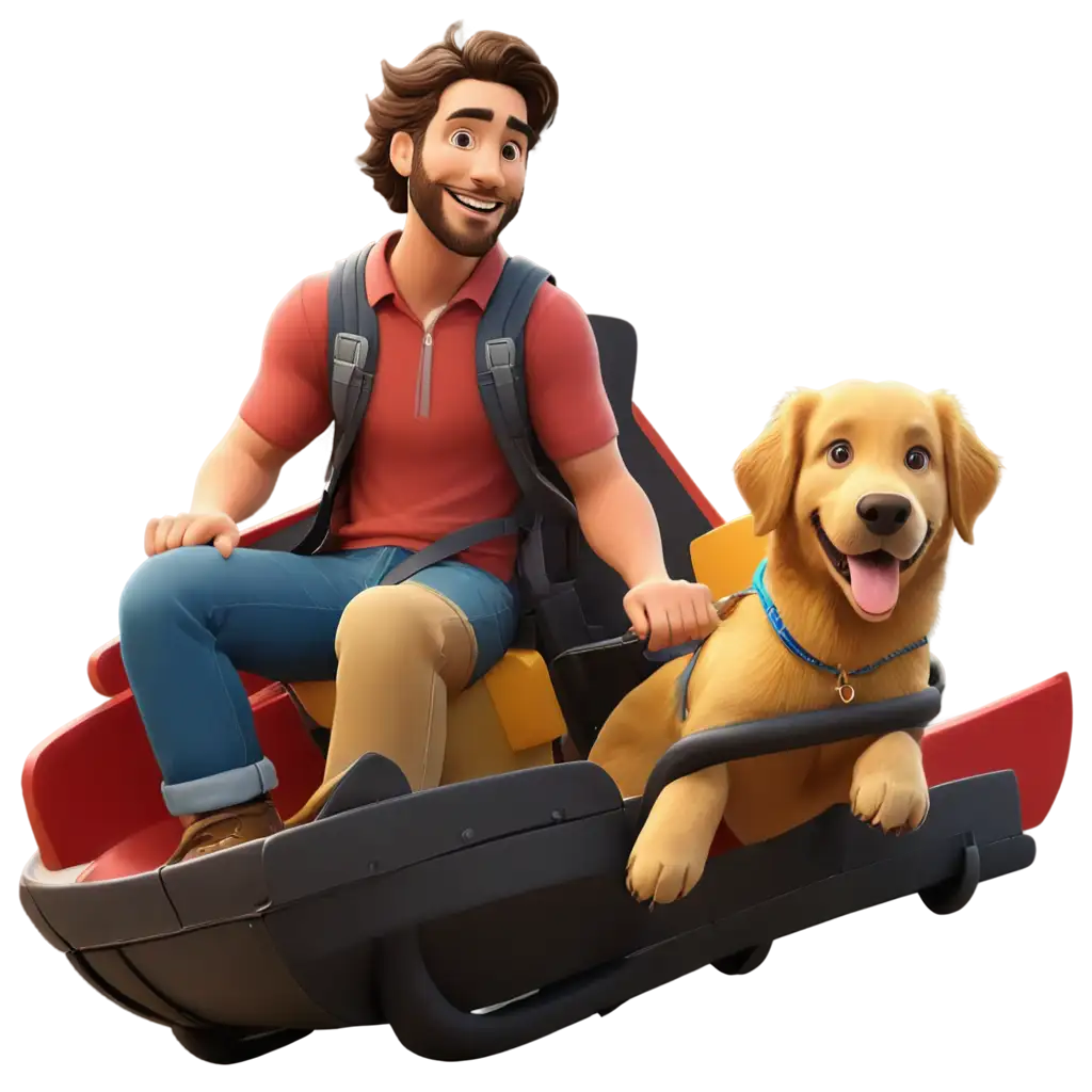 cartoon riding a rollercoaster with a golden retriever next to him while smiling for a picture