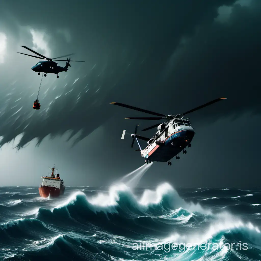 A helicopter is flying near a sinking ship while the sea presents many waves in the midst of a storm