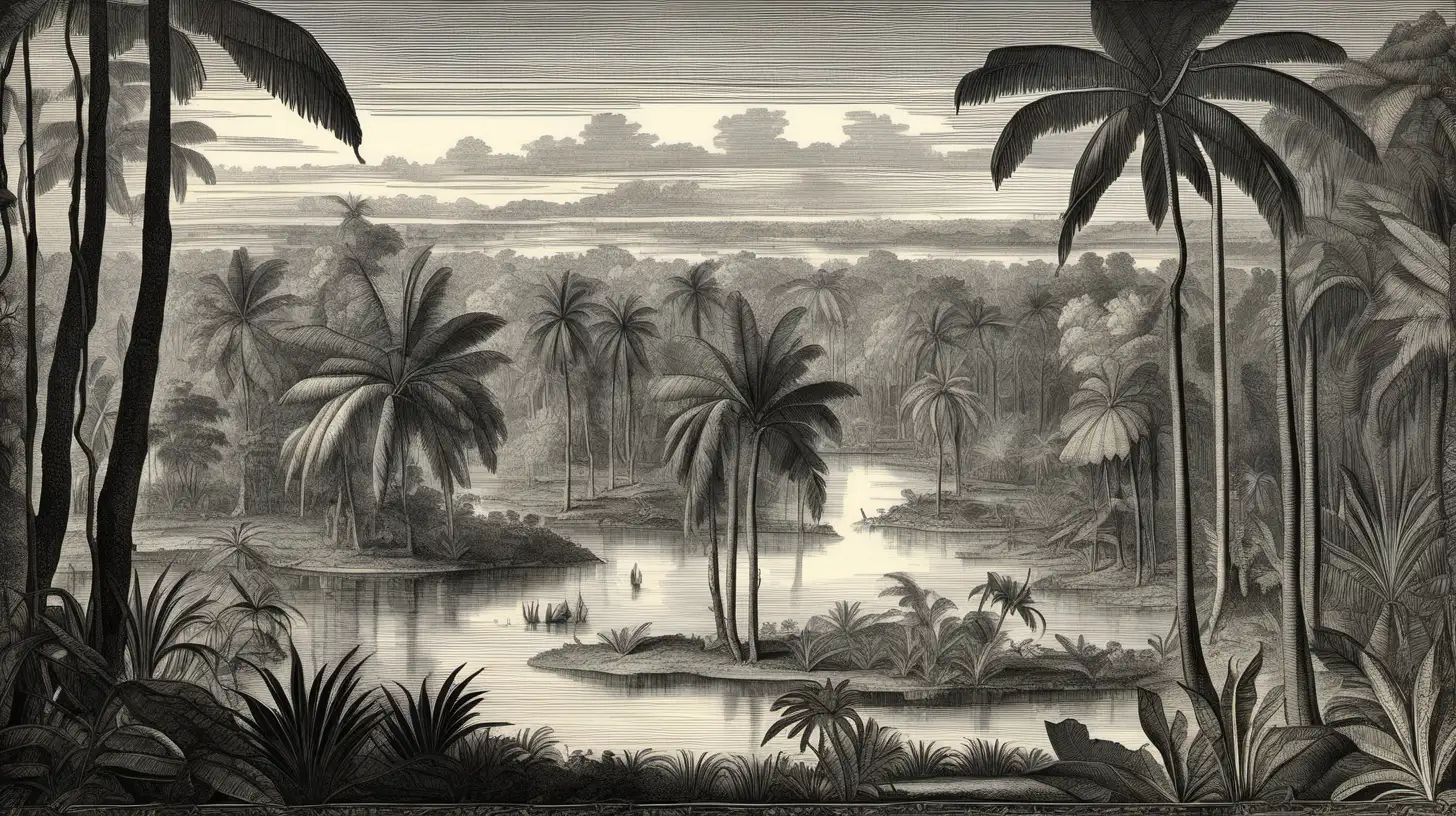 A 16th century landscape of the Amazon wet amazon jungle without any human figures or traces. In the engraving style of Theodore the Bry. Duotone