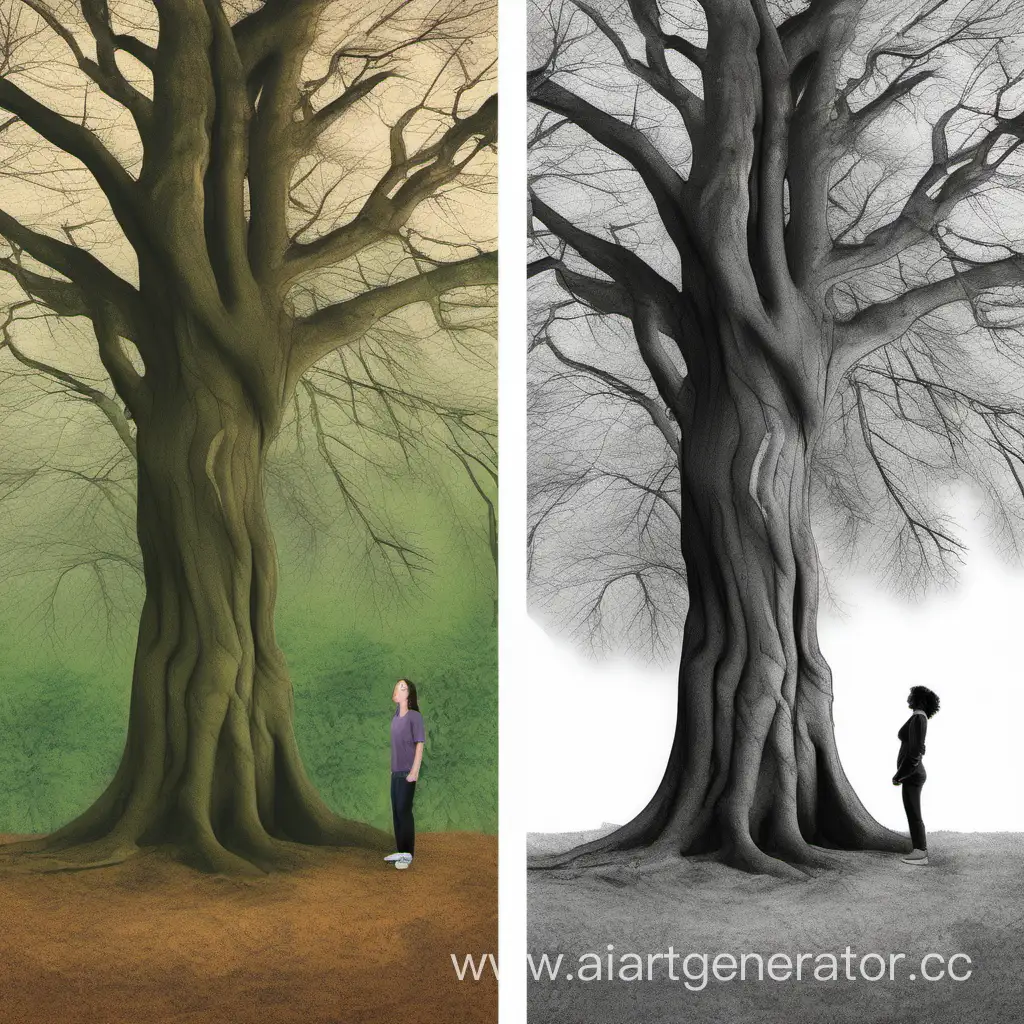 Нереалистичная картинка, на которой слева изображено дерево, а справа человек такого же размера, как и дерево, который опирается не него