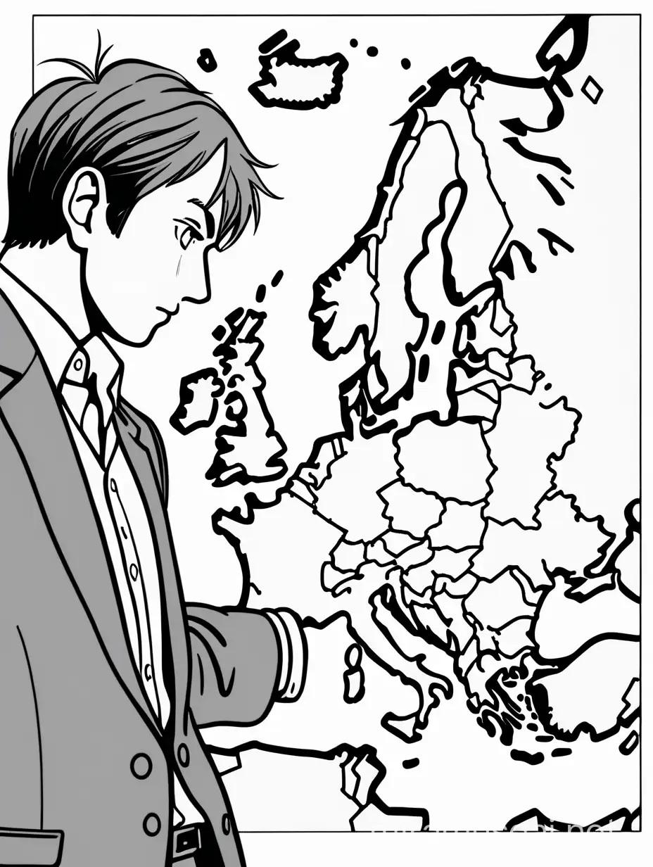 man points to The Netherlands on a map of Europe in Japanese manga comic style