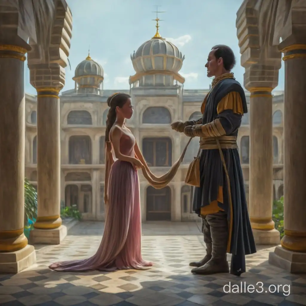 Na ochozu paláce stojí dívka za úsvitu, má na krku hedvábný provaz a za ten ji drží vysoký muž a dívku tím nadzvedává a dusí ji. 
