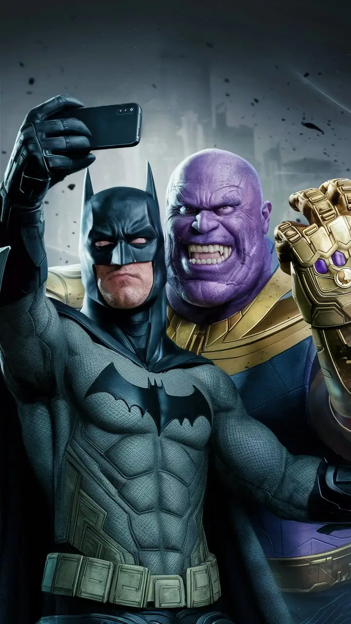 Batman and Thanos taking a selfie. Batman is using his phone to take the selfie 