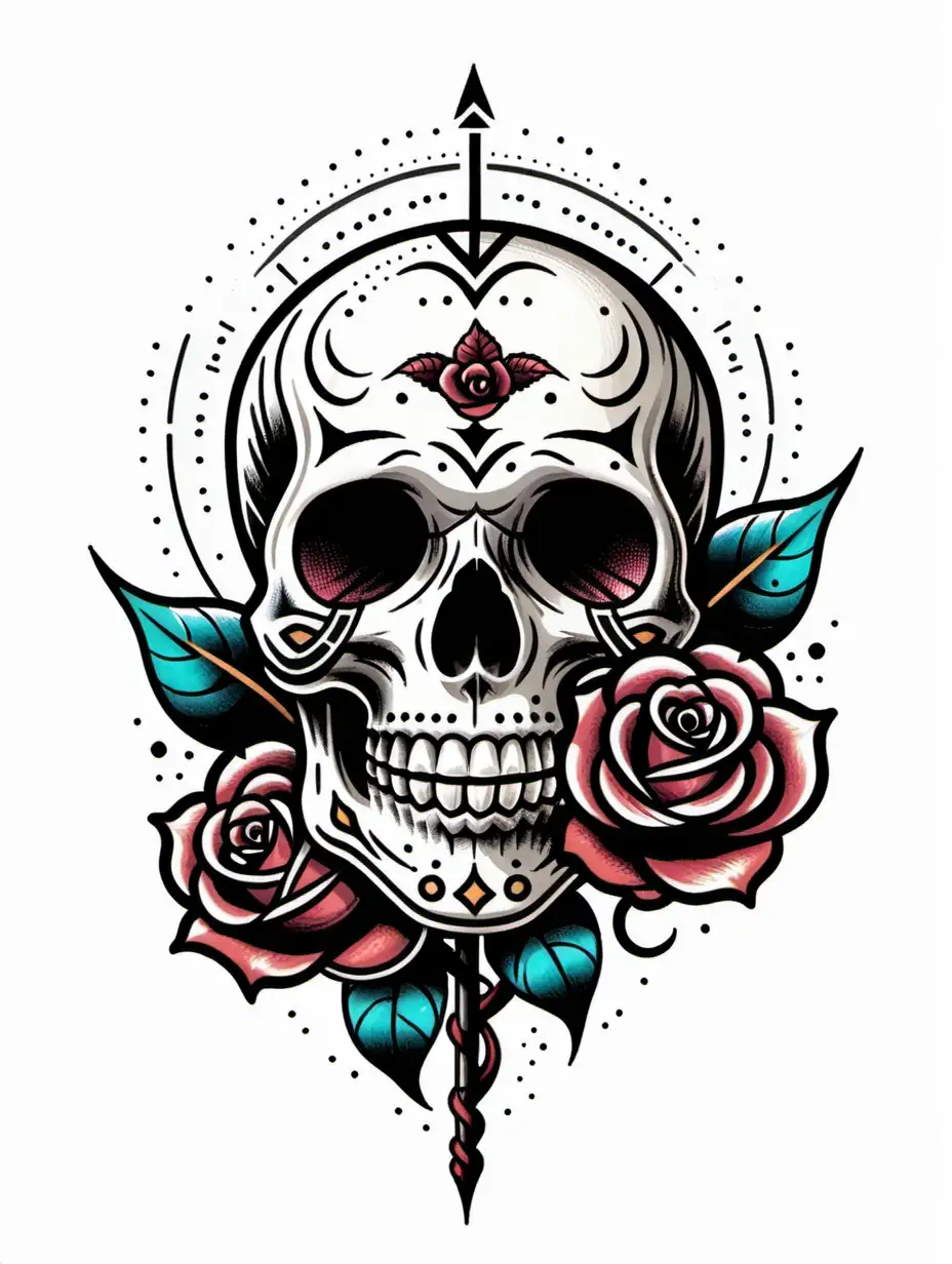 Vintage Skull and Rose Tattoo Design on White Background