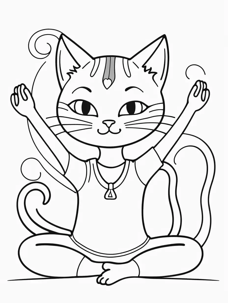 Curious Cat Playful Yoga Poses Coloring Page for Children Aged 4