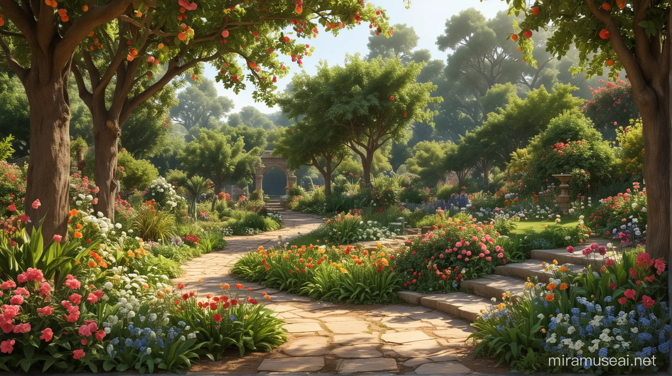 A tranquil and idyllic garden of Eden as described in the Bible, with plenty of fruits and blooming flowers and many 