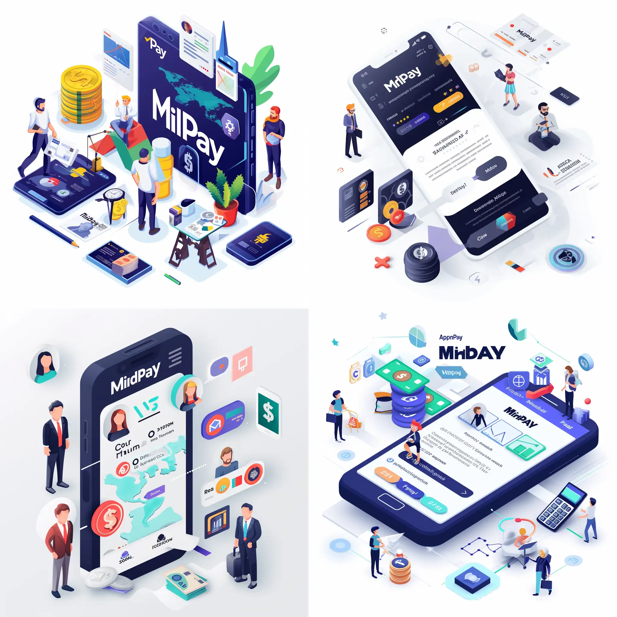creating a visualization for an application for currency exchange in different countries, the name of the application is MidPay, the visualization should show that this application is for everyone: businessmen, artists, designers, developers, etc.