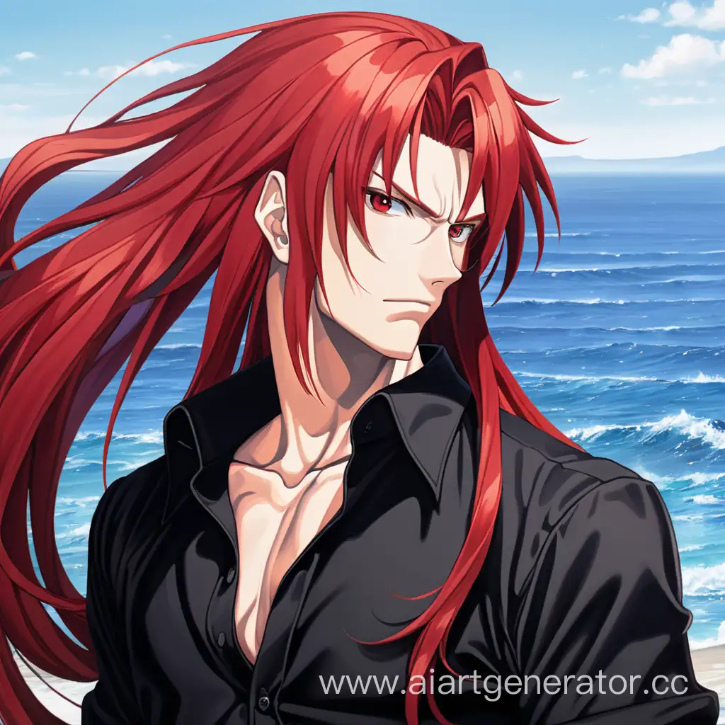 Аниме мужчина, одетый в черную рубашку и с длинными красными волосами на фоне моря