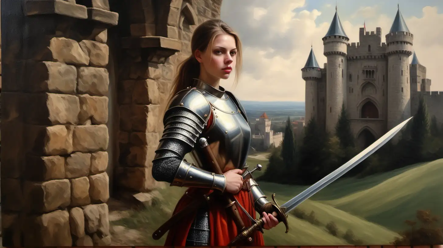 oil painting, young female solder, warrior, medieval, sword, castle, life like