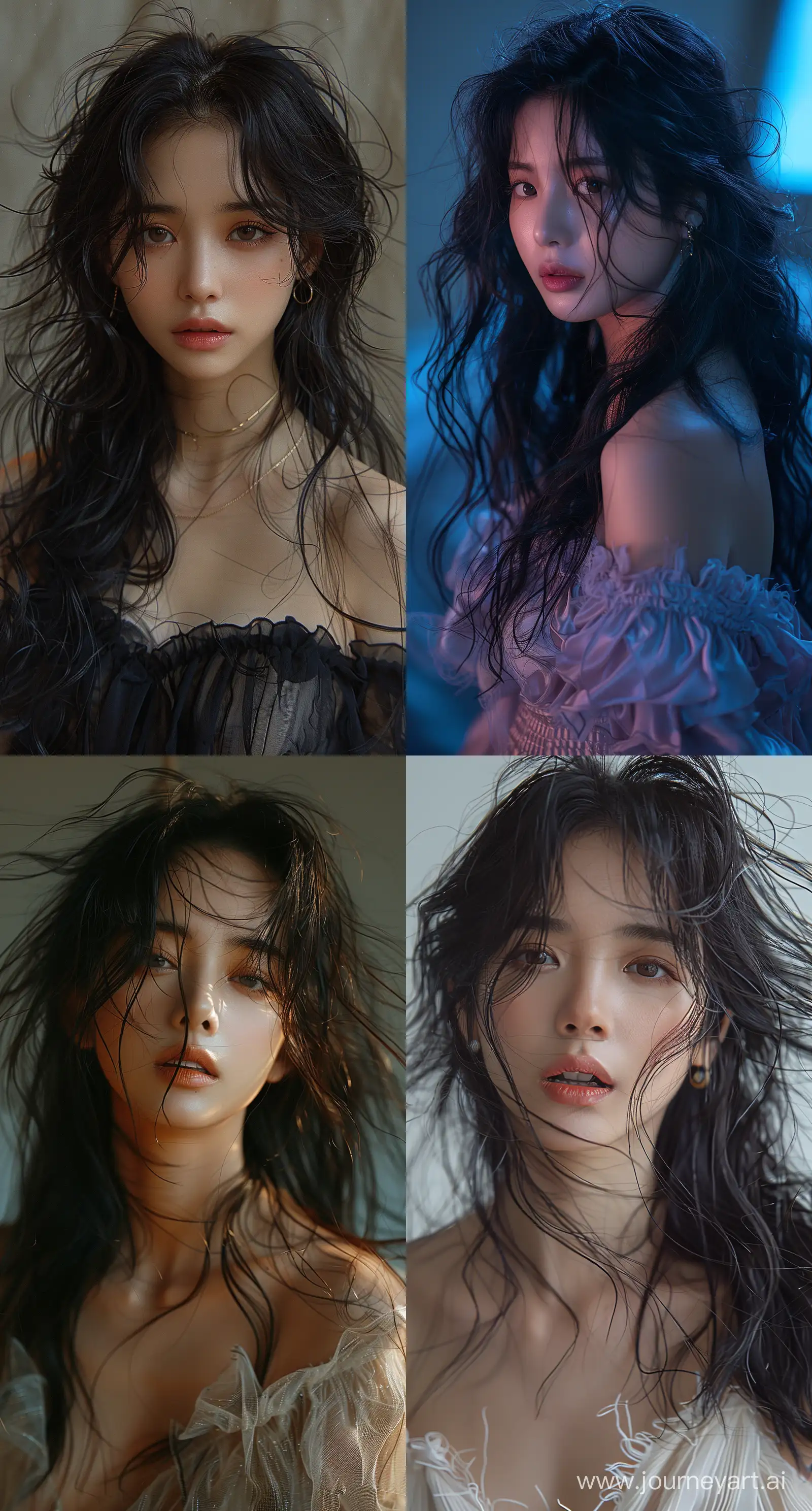 a jennie with flowing, black hair is posing, in the style of jennie blackpink, soft edges and blurred details, captures raw emotions, multilayered, soft edges, wavy, distinct facial features --ar 69:128 --stylize 750 --v 6