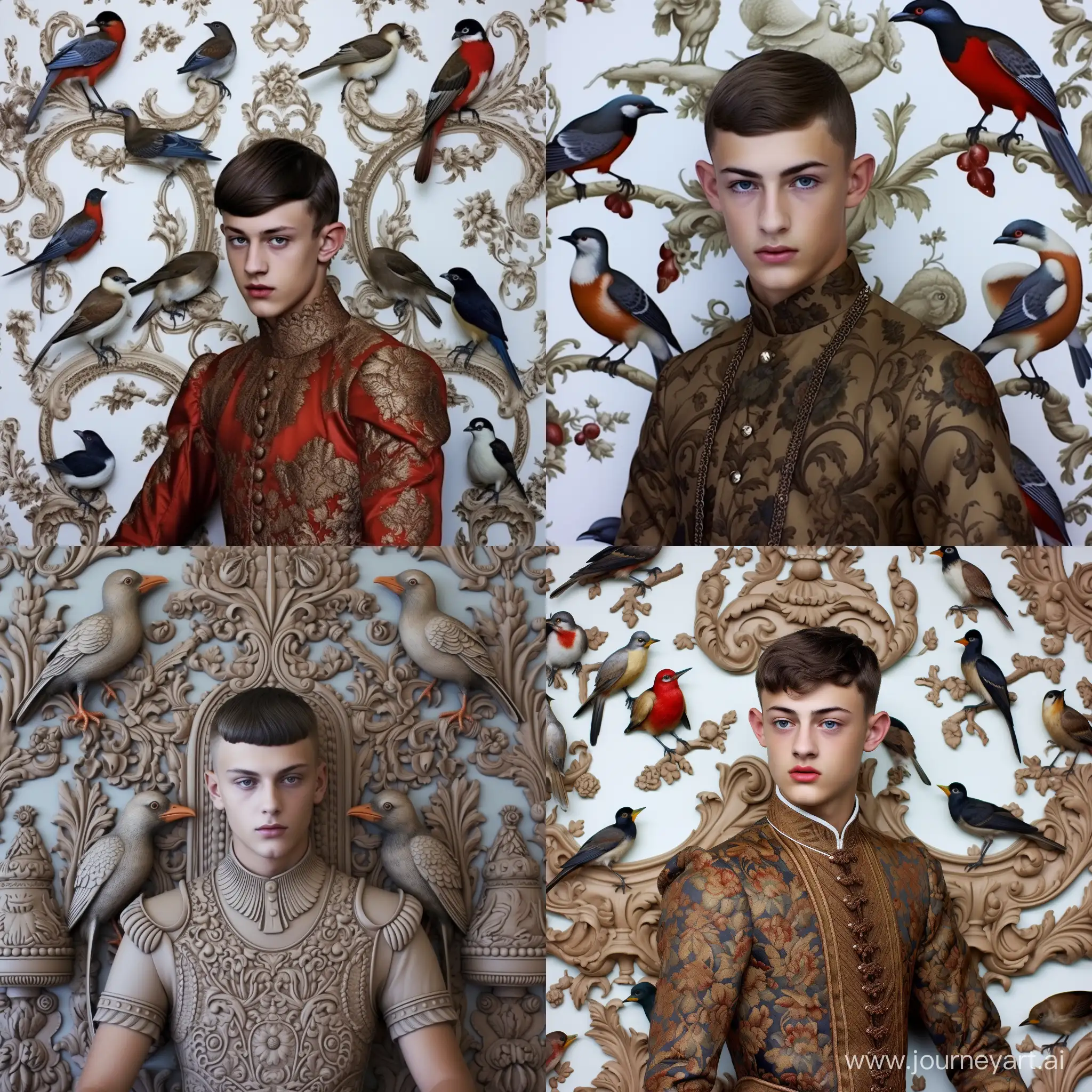 close-up photo a 20 y.o slavic guy with birds in Baroque style, bottom contrast