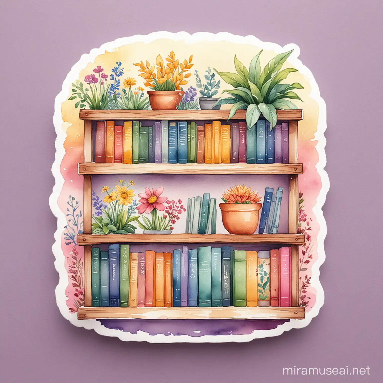 A higher quality watercolor illustration sticker of small book shelves , plants flowers in around , in acenter position, watercolor painting style format, use pink, blue, yellow,  orange,  violet, green watercolors 